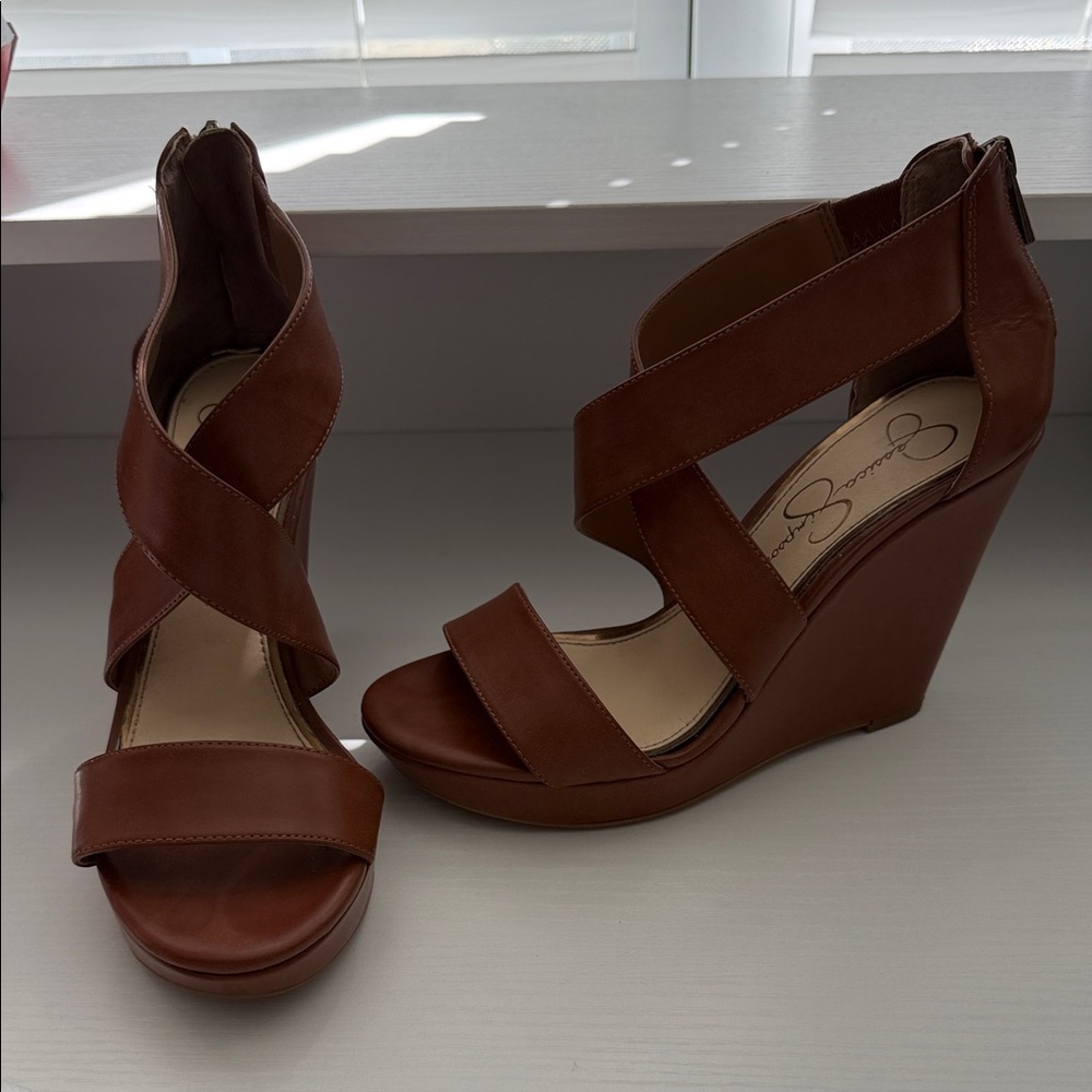 Jessica Simpson Brown Leather Crisscross Wedge Sandals